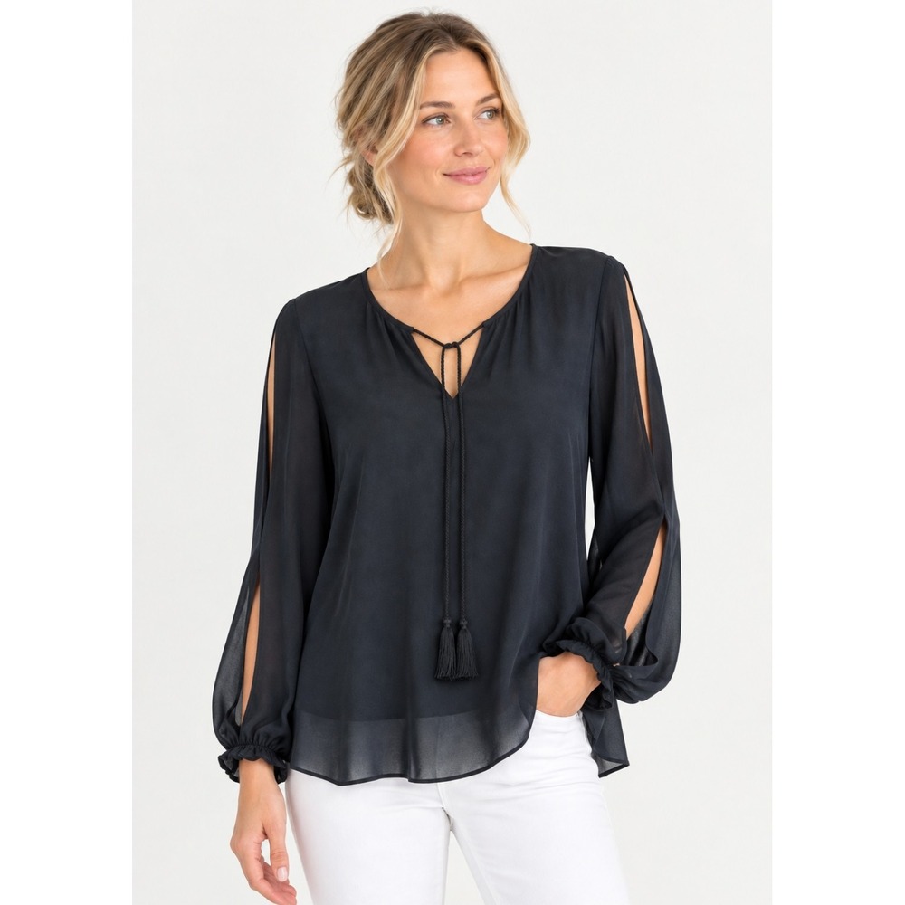 St. John Blouse Women M Black NEW Silk Tassel Tie Split Sleeve Sheer Old Money